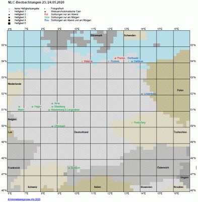 Abb. 1: NLC-Beobachtungen in der Nacht 23./24.05.2020