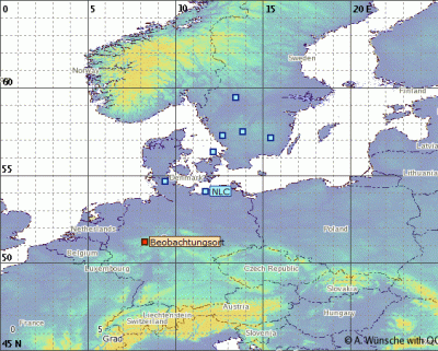 Abb. 3: Ungefähre Position des Südrandes der beobachteten NLCs in der Nacht 23./24.05.2020.<br />(Beobachtungsort = Altastenberg)