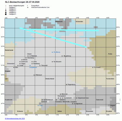 Abb. 1: NLC-Beobachtungen in der Nacht 26./27.05.2020 . Eingezeichnet ist ferner die ungefähre Position des Südrandes der beobachteten NLCs (s. Text).