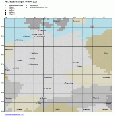 Abb. 1: NLC-Beobachtungen in der Nacht 30.05./31.05.2020. Eingetragen sind alle &quot;menschlichen&quot; Beobachtungen aus dem AKM-Forum sowie ausgewählte Webcams, welche den Beobachtungsraum umschreiben.