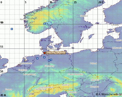 Abb. 3: Ungefähre Position des Südrandes der beobachteten NLCs am Morgen des 31.05.2020.<br />(Beobachtungsort = Hemmingstedt). Die beiden Punkte über der Nordsee repräsentieren die Lage des Südrandes des ersten Displays um 02:38 MESZ (Beobachtung aus Hemmingstedt). Die anderen 4 Punkte kennzeichnen den Südrand des zweiten Displays wie es gegen 4 Uhr von Geseke und Lübbecke aus beobachtet wurde.