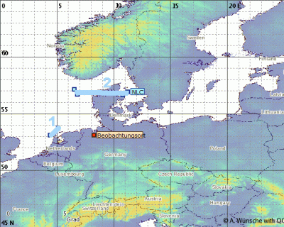 Abb. 2: Ungefähre Position des Südrandes der beobachteten NLCs (Displays 1 und 2) am Abend des 05.06.2020.<br />(Beobachtungsort = Wardenburg)