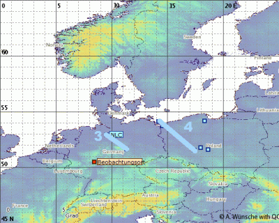 Abb. 3: Ungefähre Position des Südrandes der beobachteten NLCs (Displays 3 und 4) am Morgen des 06.06.2020.<br />(Beobachtungsort = Burgsolms)