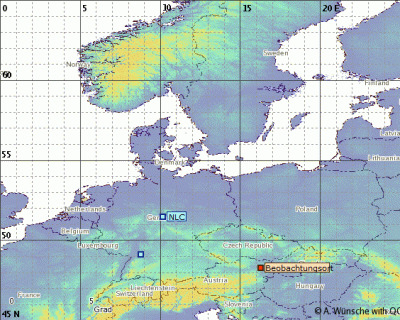 Abb. 3: Ungefähre Position des Südrandes der beobachteten NLCs am Abend des 10.06.2020.<br />(Beobachtungsort = Wien)