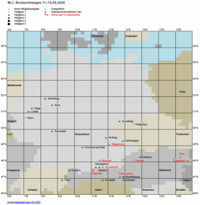 Abb. 1: NLC-Beobachtungen in der Nacht 11./12.06.2020.<br />Beobachtungen am Abend sind durch rote Farbe hervorgehoben.