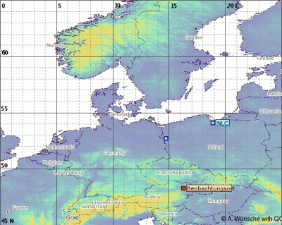 Abb. 2: Ungefähre Position des Südrandes der beobachteten NLCs am Abend des 11.06.2020.<br />(Beobachtungsort = Wien)