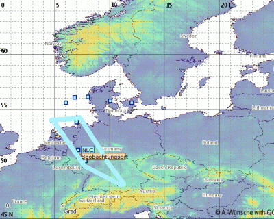 Abb. 3: Ungefähre Position der beobachteten NLCs in der Nacht 19./20.06.2020 (Erläuterung siehe Text).<br />(Beobachtungsort = Bonn)