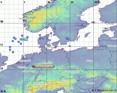 Abb. 3: Ungefähre Position der beobachteten NLCs in der Nacht 20./21.06.2020.<br />(Beobachtungsort = Bonn)