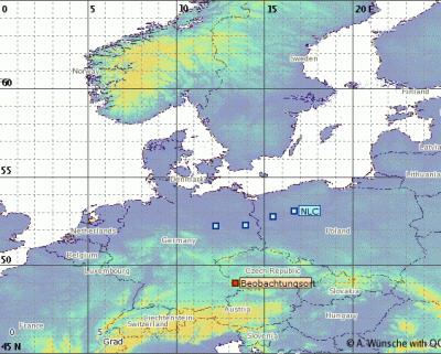 Abb. 1: Ungefähre Position des Südrandes der beobachteten NLCs am Abend des 25.05.2021.<br />(Beobachtungsort = Frauenau)