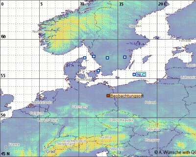 Abb. 1: Ungefähre Position des Südrandes der beobachteten NLCs in der Nacht 07./08.06.2021.<br />(Beobachtungsort = Grüntal)