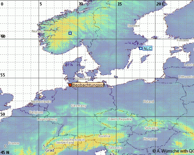 Abb. 1: Ungefähre Position des Südrandes der beobachteten NLCs in der Nacht 08./09.06.2021.<br />(Beobachtungsort = Tröndel)