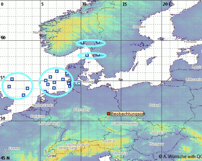 Abb. 1: Ungefähre Position der in der Nacht 09./10.06.2021 beobachteten NLCs (Beobachtungsort = Freiberg)