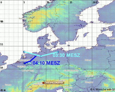 Abb. 1: Position des Südrands der am Morgen des 15.06.2021 beobachteten NLCs um 03:30 und um 04:10 MESZ (Beobachtungsort = Pizol)