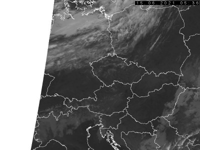 Abb. 1: Satellitenbild (Infrarot) von NOAA 19 vom 15.06.2021, 07.36 MESZ. Bildquelle: Czech Hydrometeorological Institute, lizenziert unter https://creativecommons.org/licenses/by-nc-nd/3.0/cz/deed.de