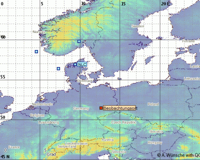 Abb. 1: Ungefähre Position des Südrandes der beobachteten NLCs in der Nacht 17./18.06.2021.<br />(Beobachtungsort = Eilenburg)