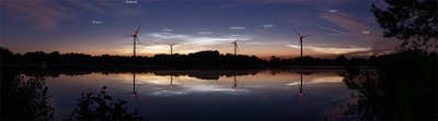 Panorama, 9 x 42 mm Hochkant, f/5.6, ISO 800, 10 s<br />Aufnahmezeit: 0:27 Uhr MESZ<br />Ausdehnung: 320° bis mindestens 25° (am rechten Rand durch Wolken verdeckt)<br />Höhe: 8°<br />Helligkeit: H4