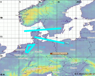 Abb. 1: Ungefähre Position des Südrandes der beobachteten NLCs zu verschiedenen Zeitpunkten in der Nacht 19./20.06.2021.<br />(Beobachtungsort = Freiberg)