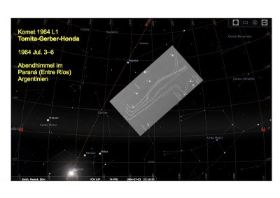 Komet 1964c Entwicklung 3.–6. Juli 1964 (Situation am Abendhimmel über Argentinien, mit stellarium erstellt)