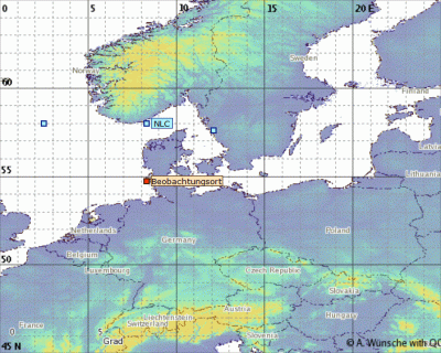 Position der sichtbaren Südkante der in Steenodde beobachteten NLCs am 12.06.22 um 01:44 MESZ.