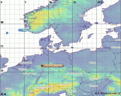 Position des sichtbaren Südrands der NLCs in der Nacht 27./28.06.2022 um 02:00 MESZ. (Beobachtungsort = Ettelsberg)