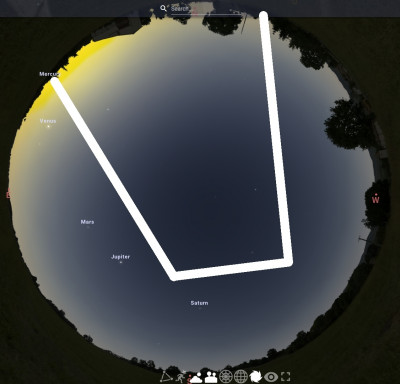 Abb. 7: Ungefähre Ausdehnung des NLC-Feldes um 04:35 MESZ.<br />Im Norden war es nicht wirklich bis zum Horizont, sondern nur bis zu einer Höhe von etwa 3° hinab sichtbar. Erstellt mit Stellarium Online (https://stellarium-web.org/).