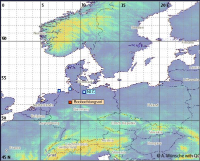 24.07./25.07.2022: Position des sichtbaren Südrandes der NLCs (Beobachtungsort: Lübbecke)<br />[via Tool zur NLC-Positionsbestimmung von © Alexander Wünsche]