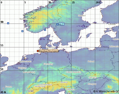 Position des sichtbaren Südrands der NLCs in der Nacht 14./15.06.2023. (Beobachtungsort = Helgoland)