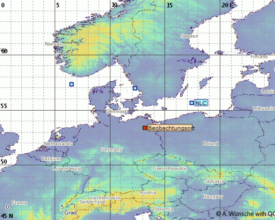 Ungefähre Positionen der sichtbaren Südkante der am Morgen des 09.07.2023 beobachteten NLCs (Beobachtungsort = Neustrelitz)