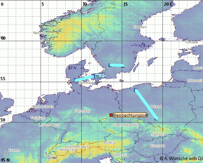 Ungefähre Positionen der sichtbaren Südränder der in der Nacht 03./04.07.2023 in Sachsen beobachteten NLCs (Beobachtungsort = Freiberg).