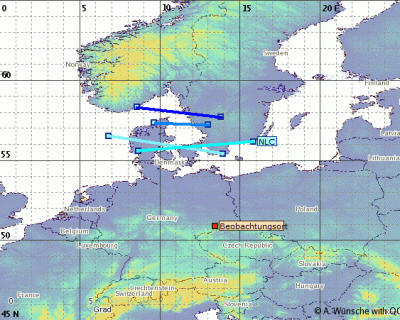 230711_auswertung.gif (90.88 KiB) 2018 mal betrachtet Lage des sichtbaren Südrandes der in der Nacht 11./12.07.2023 an 4 Standorten zu unterschiedlichen Zeiten beobachteten NLCs /Beobachtungsort = Freiberg).