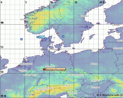 Abb. 2: Lage der Südgrenze der NLCs am Morgen des 12.06.2024 nach Angaben von Marcus Adlung aus Freiberg und von Marcel Becker aus Kirchhain (= Beobachtungsort).