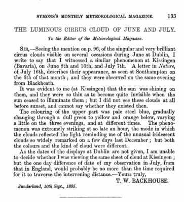 Abb. 1: Artikel von Thomas William Backhouse über seine NLC-Beobachtungen in Kissingen. (Auf Grund des Alters Public Domain)