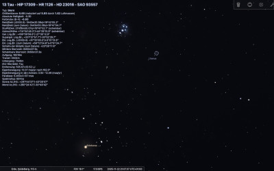 Karte mit dem &quot;Goldenen Tor der Ekliptik&quot; und Uranus für heute abend; markiert ist der Stern 13 Tau