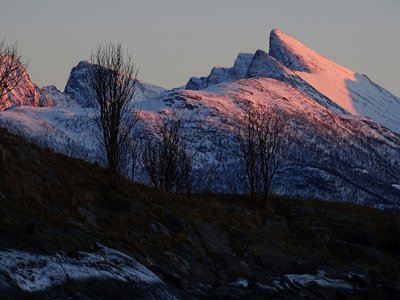Leichtes Alpenglühen, Bergsfjord (Senja), 23.01.18, 10:50 MEZ