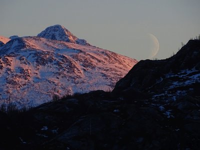 Leichtes Alpenglühen mit zunehmendem Mond , Bergsfjord (Senja), 23.01.18, 11:09 MEZ